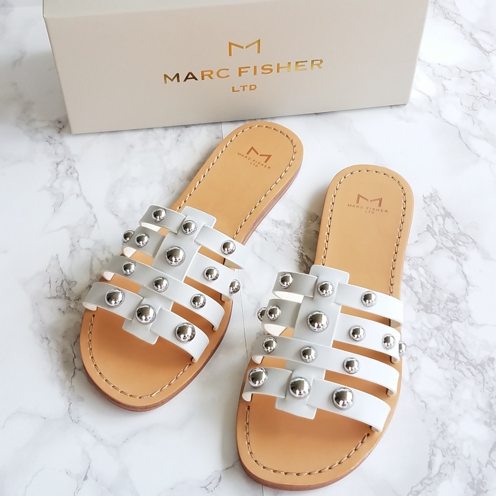 Marc Fisher White Leather Pava Slide Sandals Size 8M